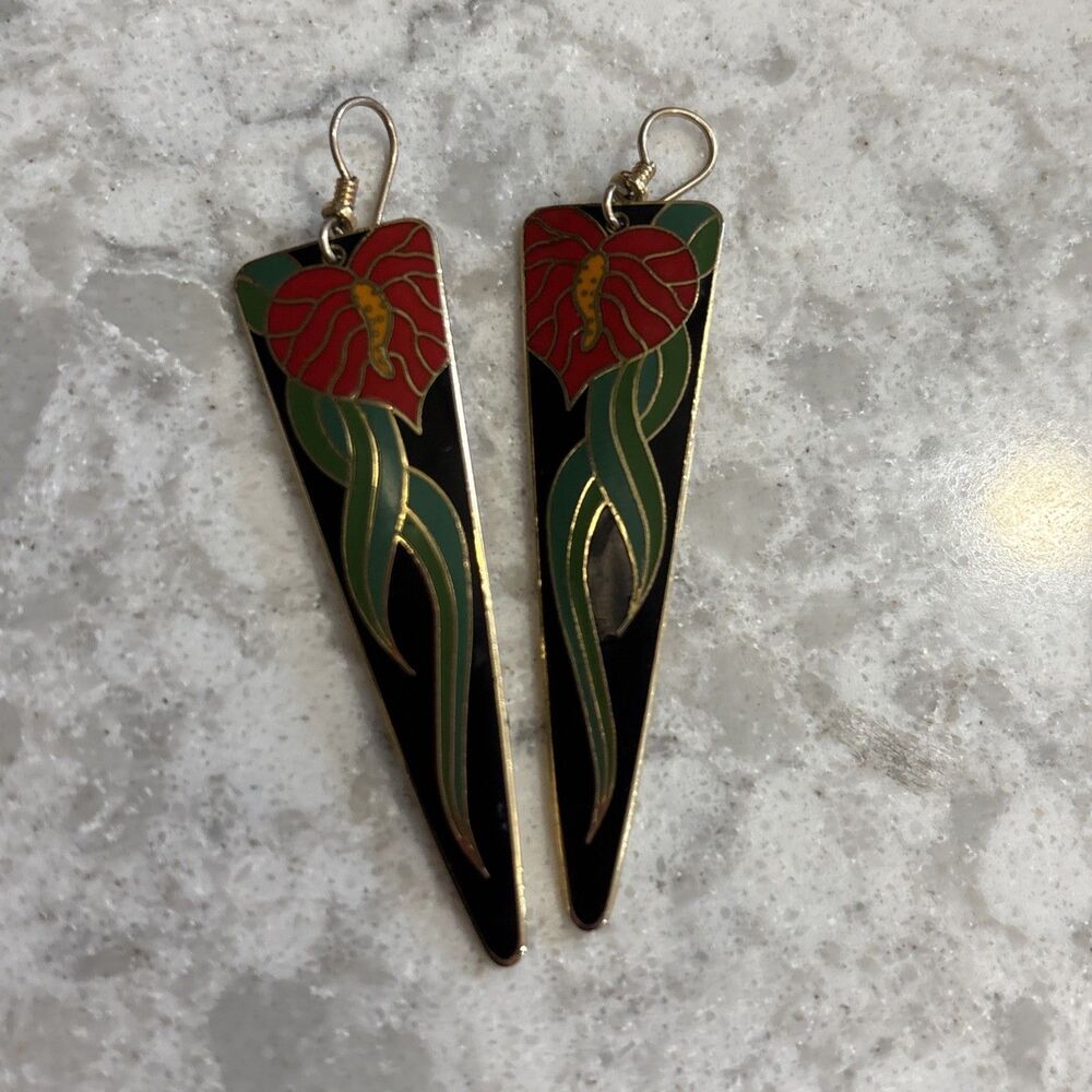 vintage Laurel Burch "Anthurium" cloisonné enamel dangle earrings